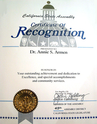 CA State Assembly Jackie Goldberg Recognizes Annie Armen | CommunicationsArtist.com