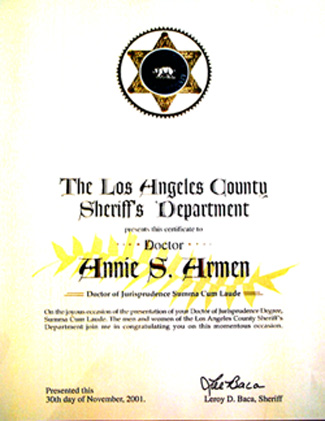 Los Angeles County Sheriff Department, Lee Baca Recognizes Annie Armen | CommunicationsArtist.com