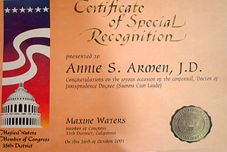 Member of Congress, Maxine Waters Recognizes Annie Armen | CommunicationsArtist.com