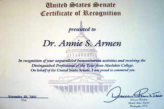 United States Senate, Dianne Feinstein Recognizes Annie Armen | CommunicationsArtist.com